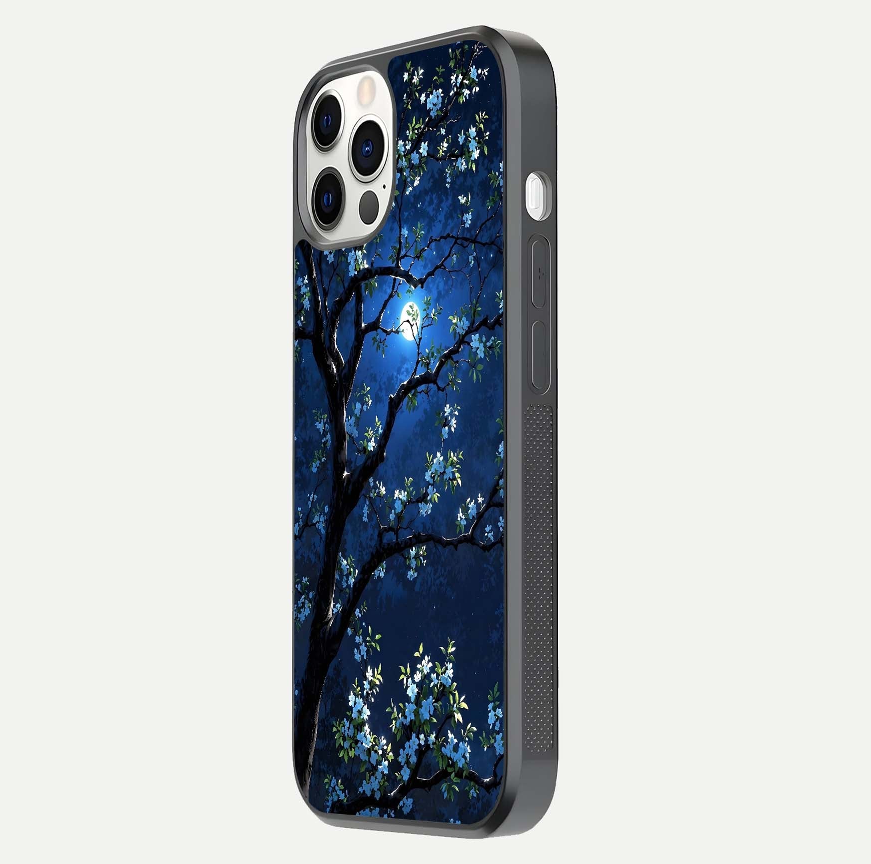 Mystic Floral Night Glass Case for iPhone 12 Pro side-angle image showing gloss surface and midnight floral tones