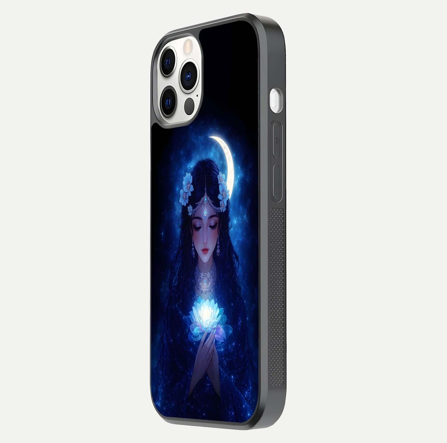 Mystic Moon Queen Glass Case for iPhone 12 Pro side-angle image showing reflection and celestial details