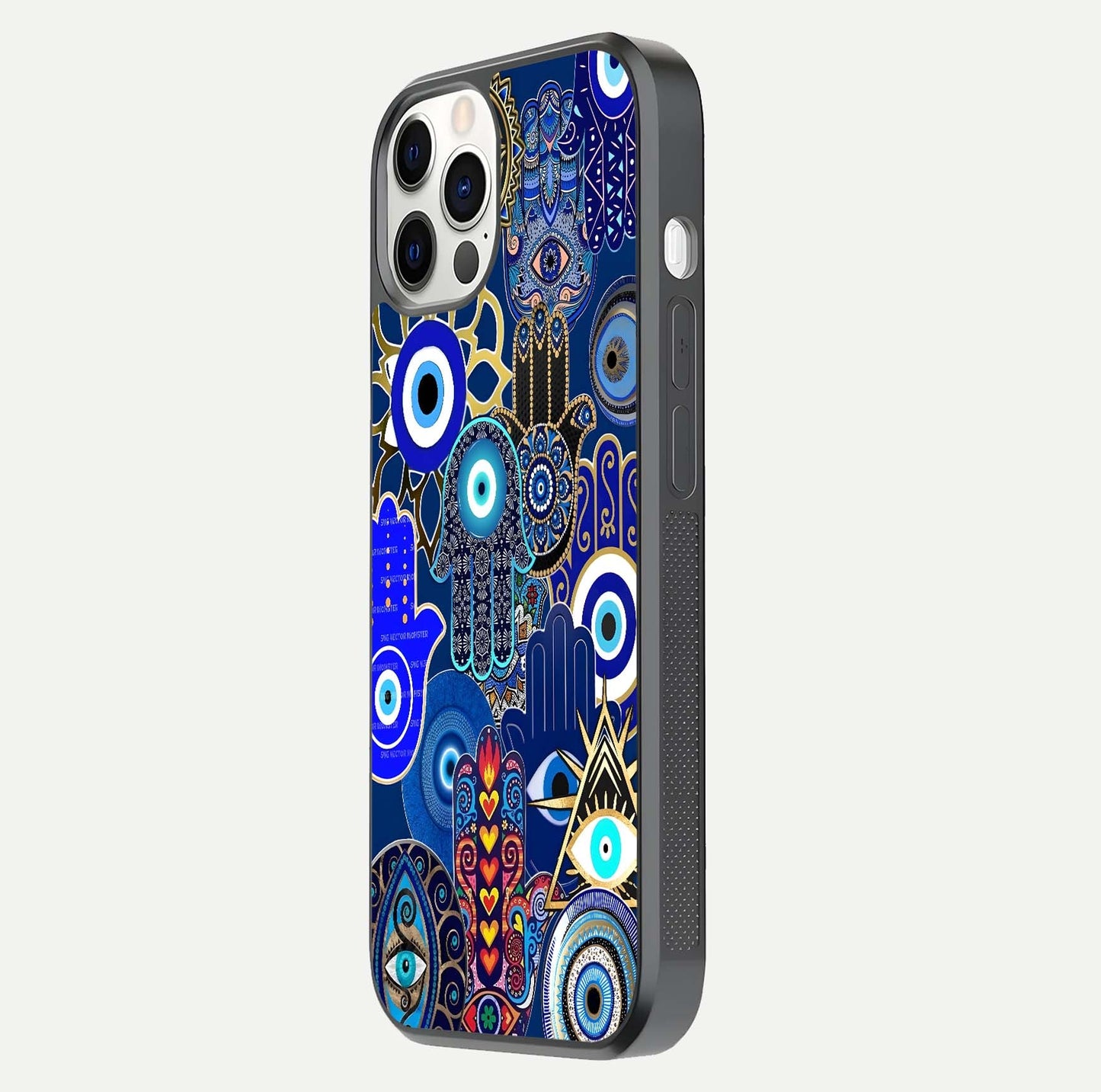 Mystic Palm Guard Glass Case for iPhone 12 Pro side-angle image showing shine depth and sacred motif