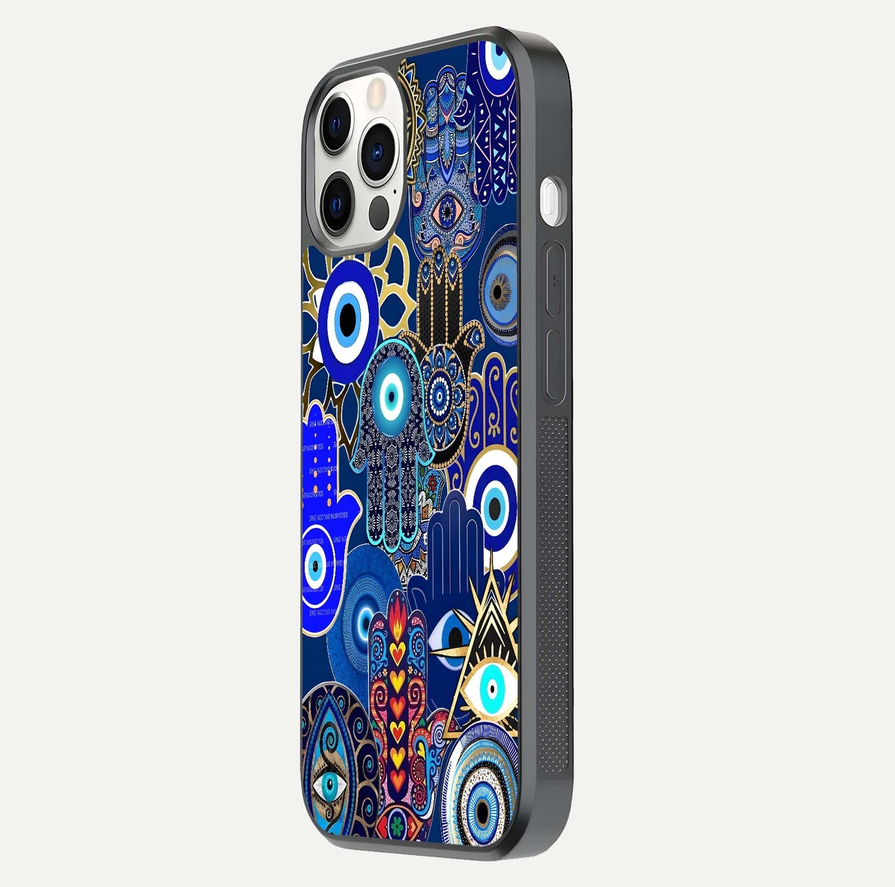 Mystic Palm Guard Glass Case for iPhone 12 Pro side-angle image showing shine depth and sacred motif