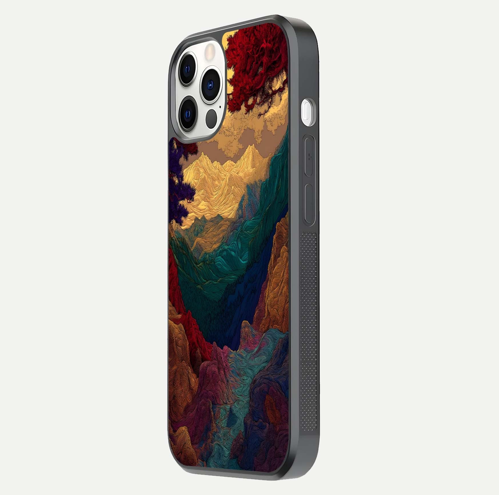 Mystic Valley Light Glass Case for iPhone 12 Pro side-angle image showing shine and peaceful hues