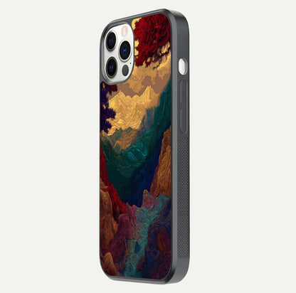 Mystic Valley Light Glass Case for iPhone 12 Pro side-angle image showing shine and peaceful hues