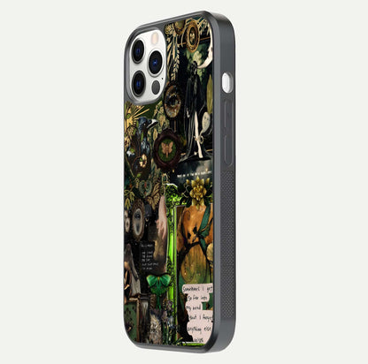 Mystic Woods Secret Glass Case for iPhone 12 Pro side-angle image showing gloss reflection and forest pattern