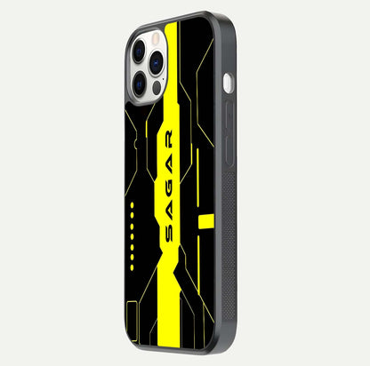 Neon CYBERPUNK Custom Name Glass Case for iPhone 12 Pro side-angle image showing glow depth and bold print