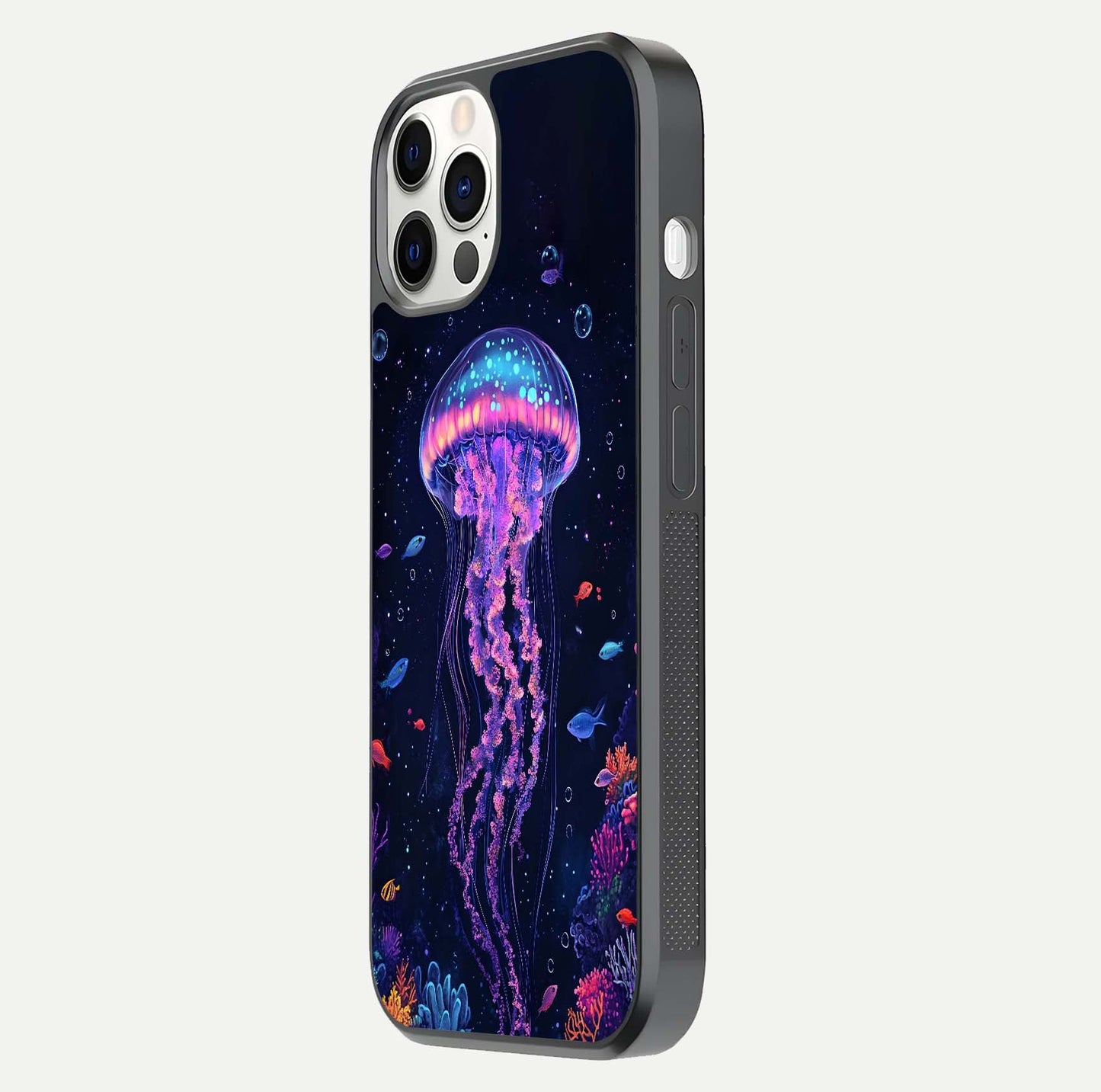 Neon Jellyfish Glass Case for iPhone 12 Pro side-angle image showing reflection and oceanic light detailing