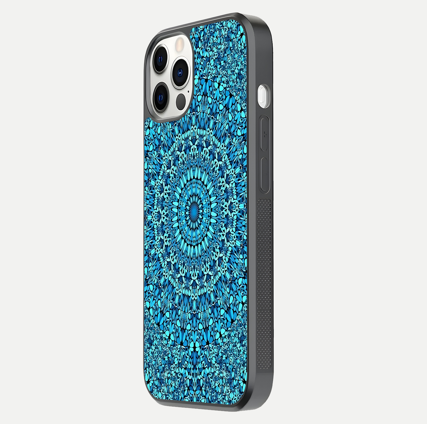 Ocean Bloom Mandala Glass Case for iPhone 12 Pro side-angle image showing reflection and detailed floral pattern