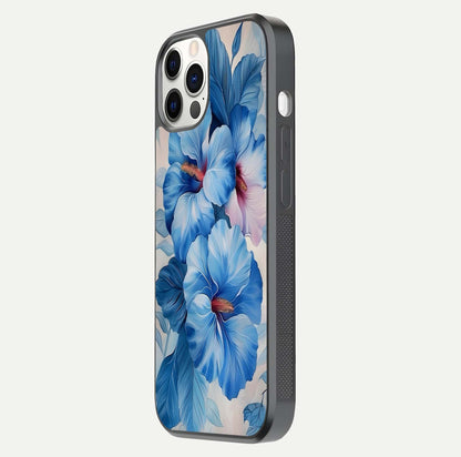 Ocean Hibiscus Grace Glass Case for iPhone 12 Pro side-angle image showing smooth texture and hibiscus details