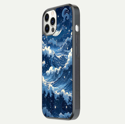 Ocean Moon Waves Glass Case for iPhone 12 Pro side-angle image showing shine and ocean gradient tones