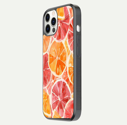 Orange Fruits Pattern Glass Case for iPhone 12 Pro side-angle image showing glossy shine and citrus pattern