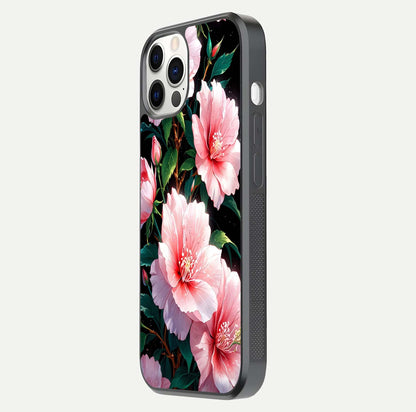 Peach Flower Glass Case for iPhone 12 Pro side-angle image showing gloss depth and peach blossom detail
