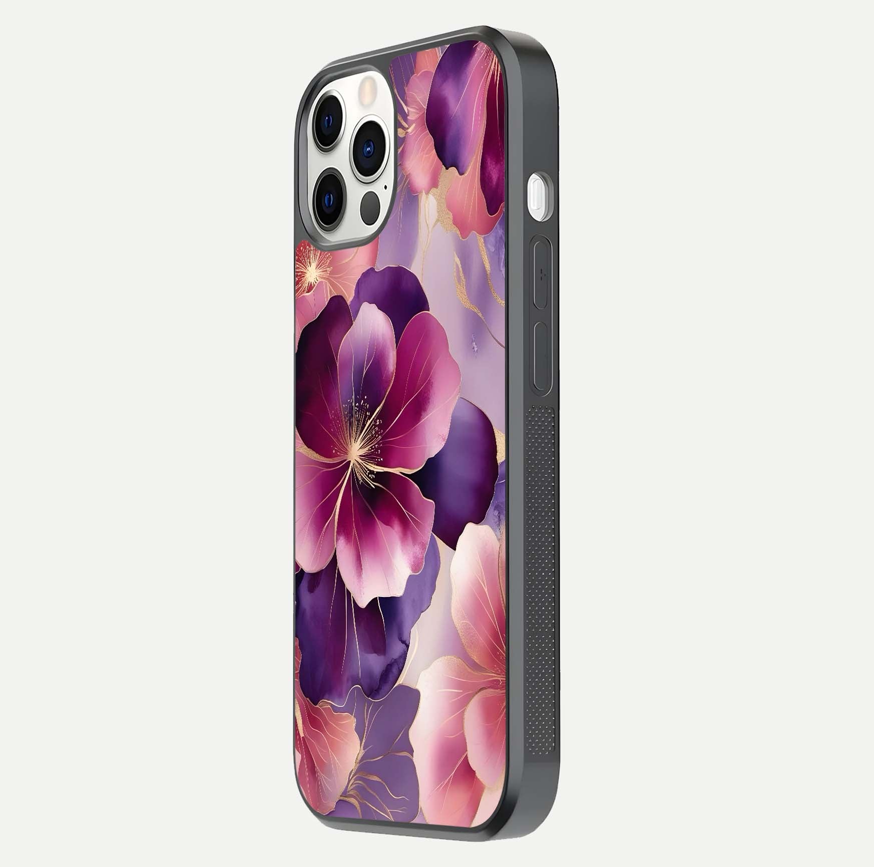 Pink Bouquet Florals Glass Case for iPhone 12 Pro side-angle image showing floral texture and reflection clarity
