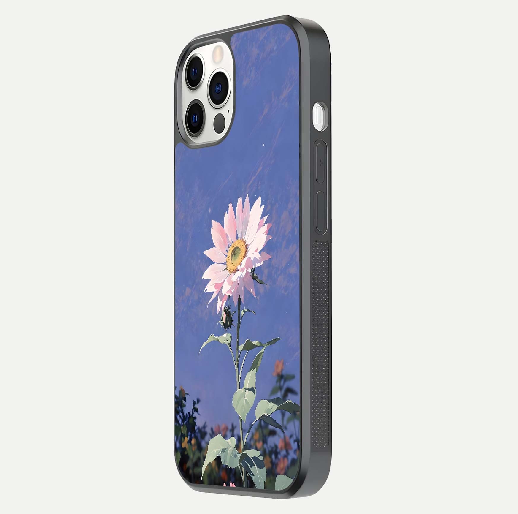 Pink Sunflower Glow Glass Case for iPhone 12 Pro side-angle image showing glossy edges and vivid sunflower tones