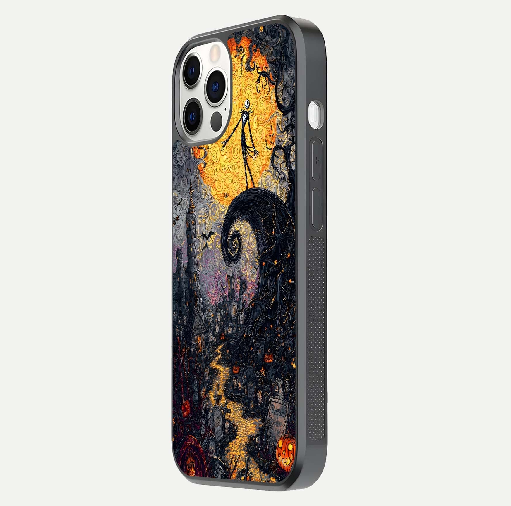 Pumpkin Moon Night Glass Case for iPhone 12 Pro side-angle image showing reflection depth and pumpkin pattern