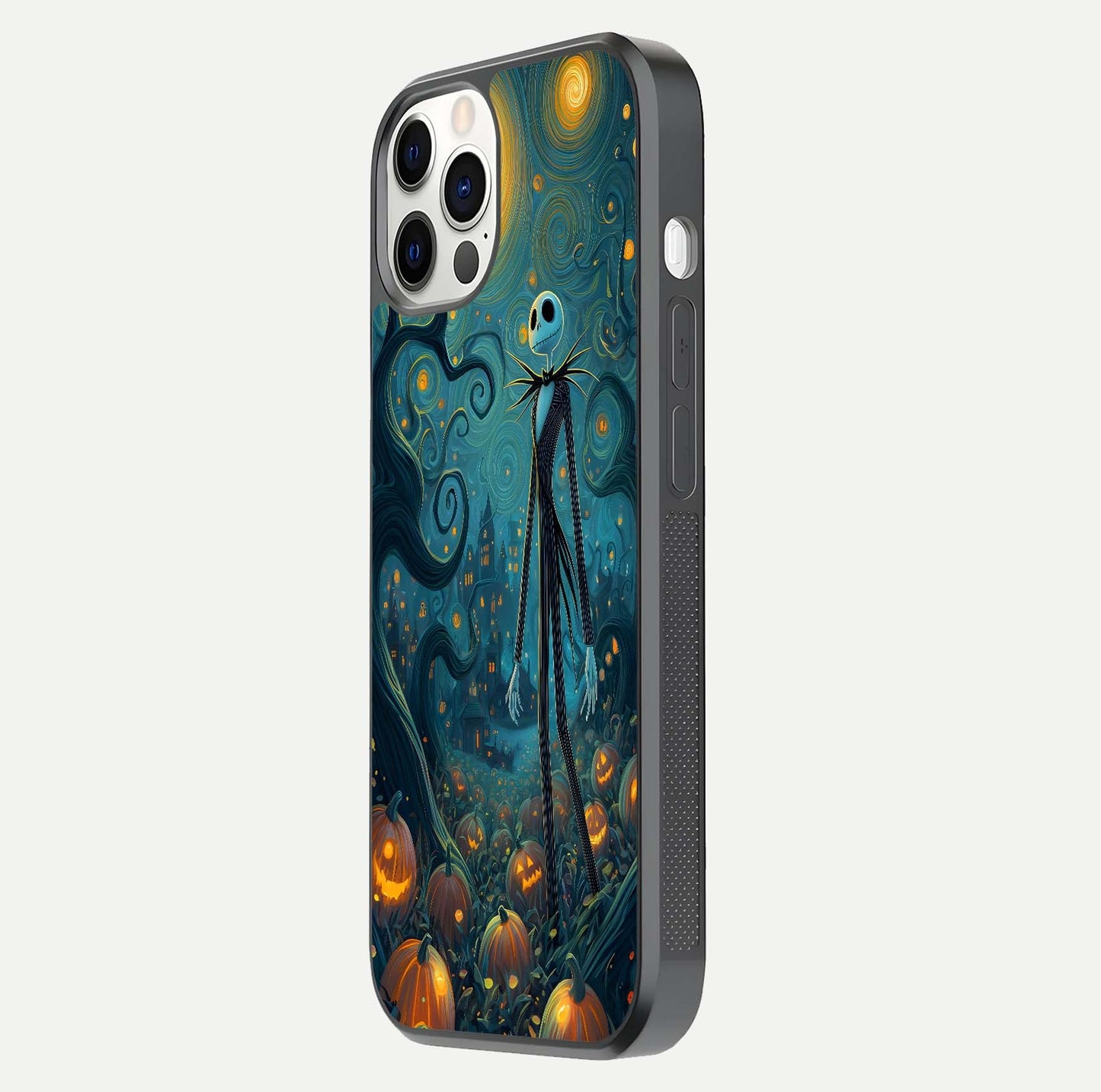 Pumpkin Moonlight Tale Glass Case for iPhone 12 Pro side-angle image showing glow texture and Halloween vibe