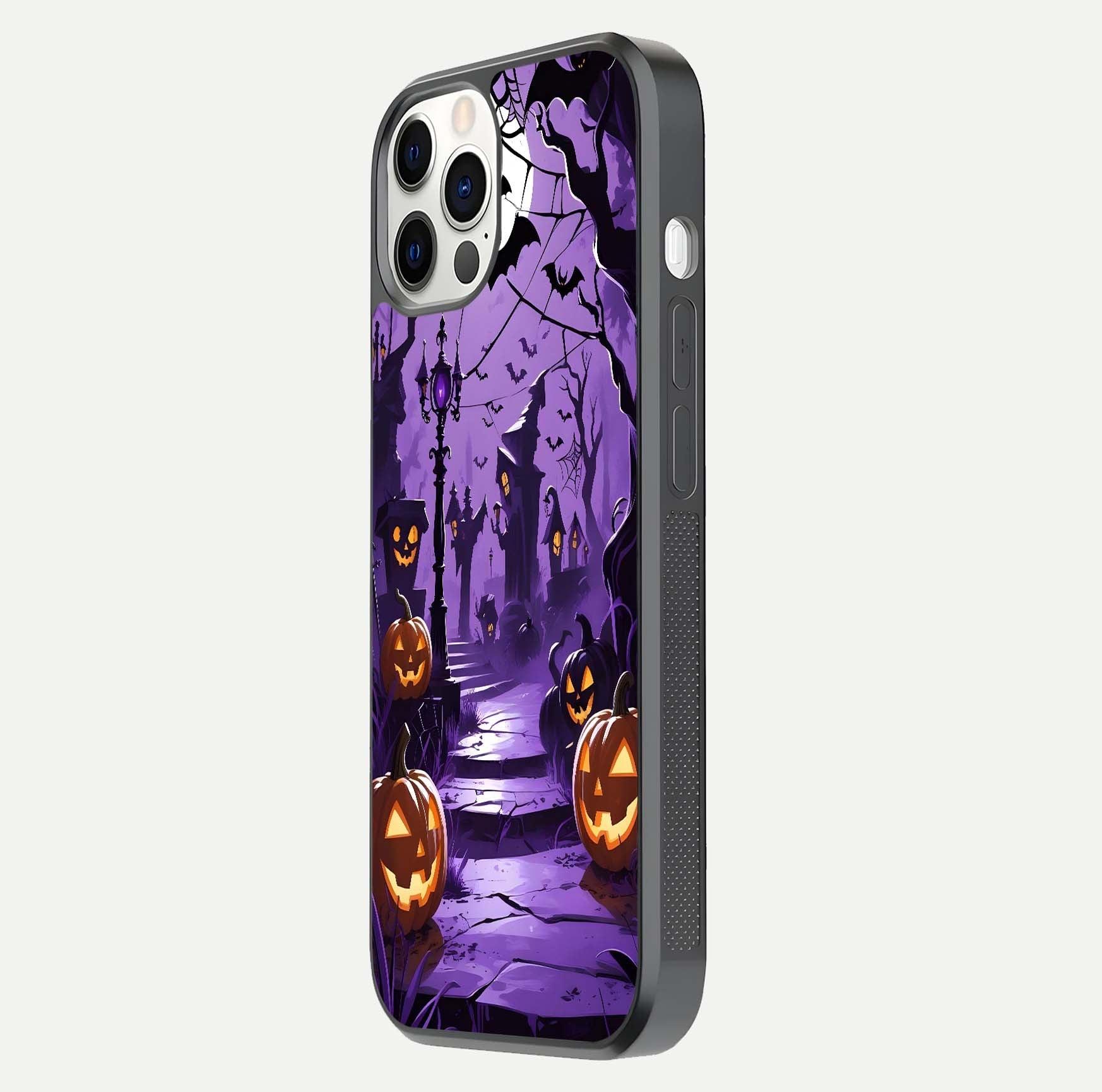 Pumpkin Patch Halloween Glass Case for iPhone 12 Pro side-angle image showing shine, camera cutout, and spooky art