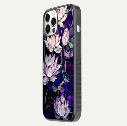 Purple Lotus Pattern Glass Case for iPhone 12 Pro side-angle image showing reflection depth and lotus detail