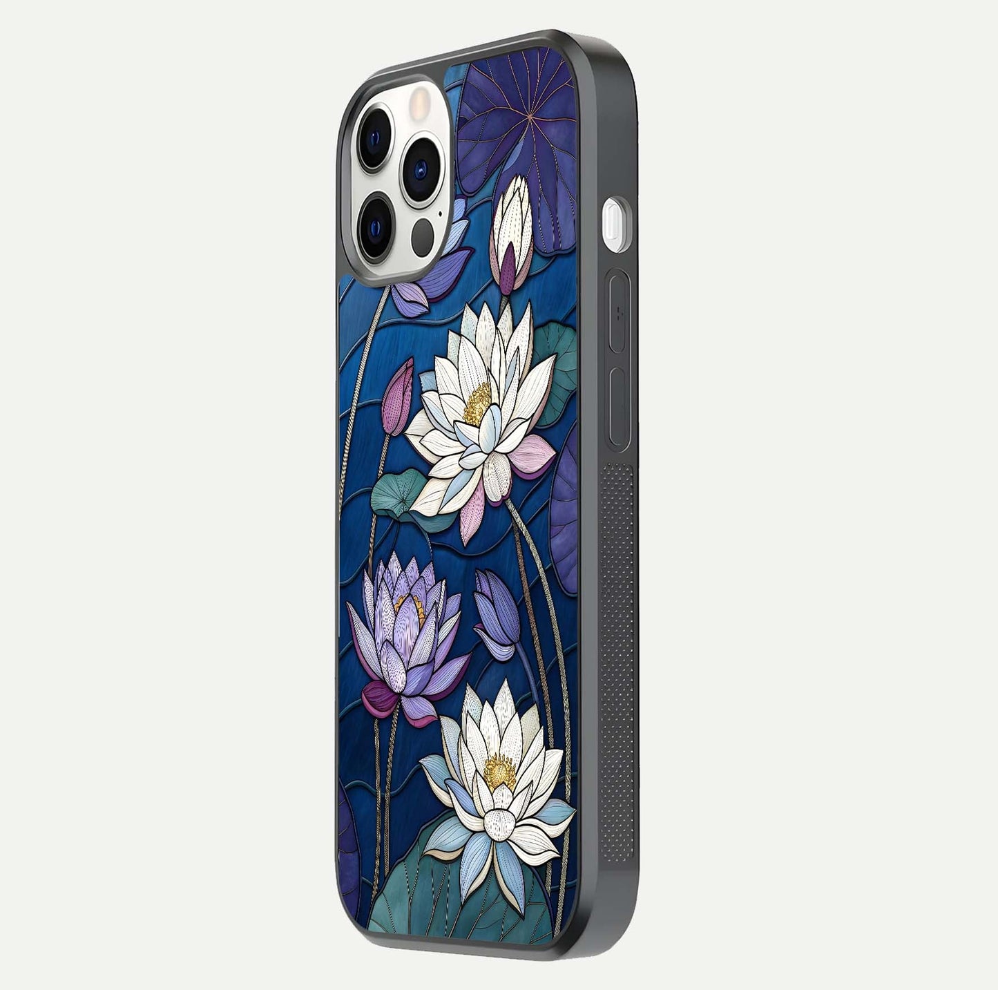 Purple Lotus Stained Glass Case for iPhone 12 Pro side-angle image showing gloss, reflection, and intricate detailing