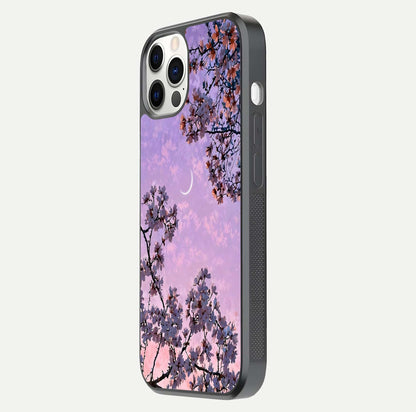 Purple Serenity Moon Glass Case for iPhone 12 Pro side-angle image showing reflection and lunar art precision
