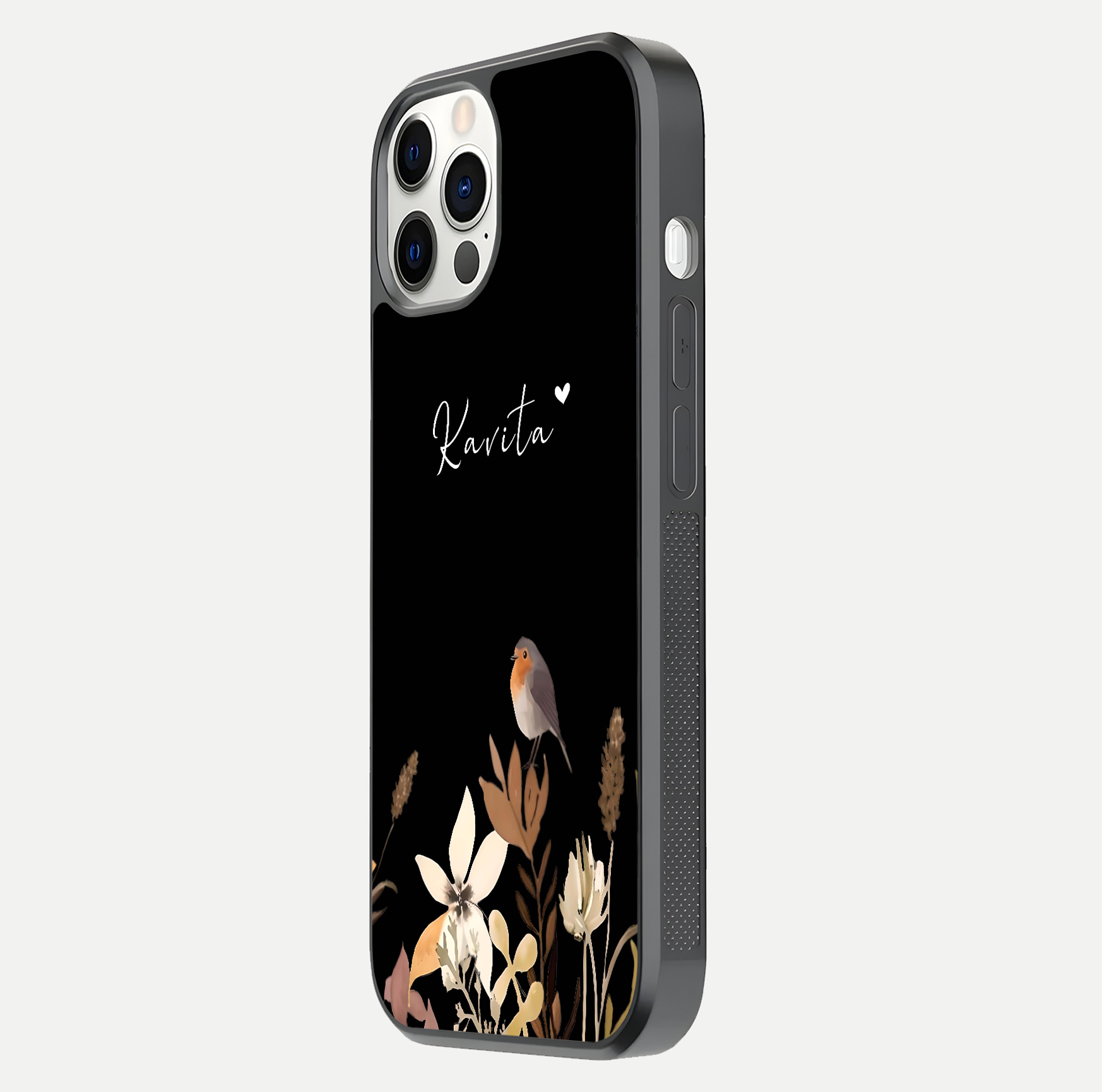 Quiet Garden Tune Custom Name Glass Case for iPhone 12 Pro side-angle image showing reflection and floral design