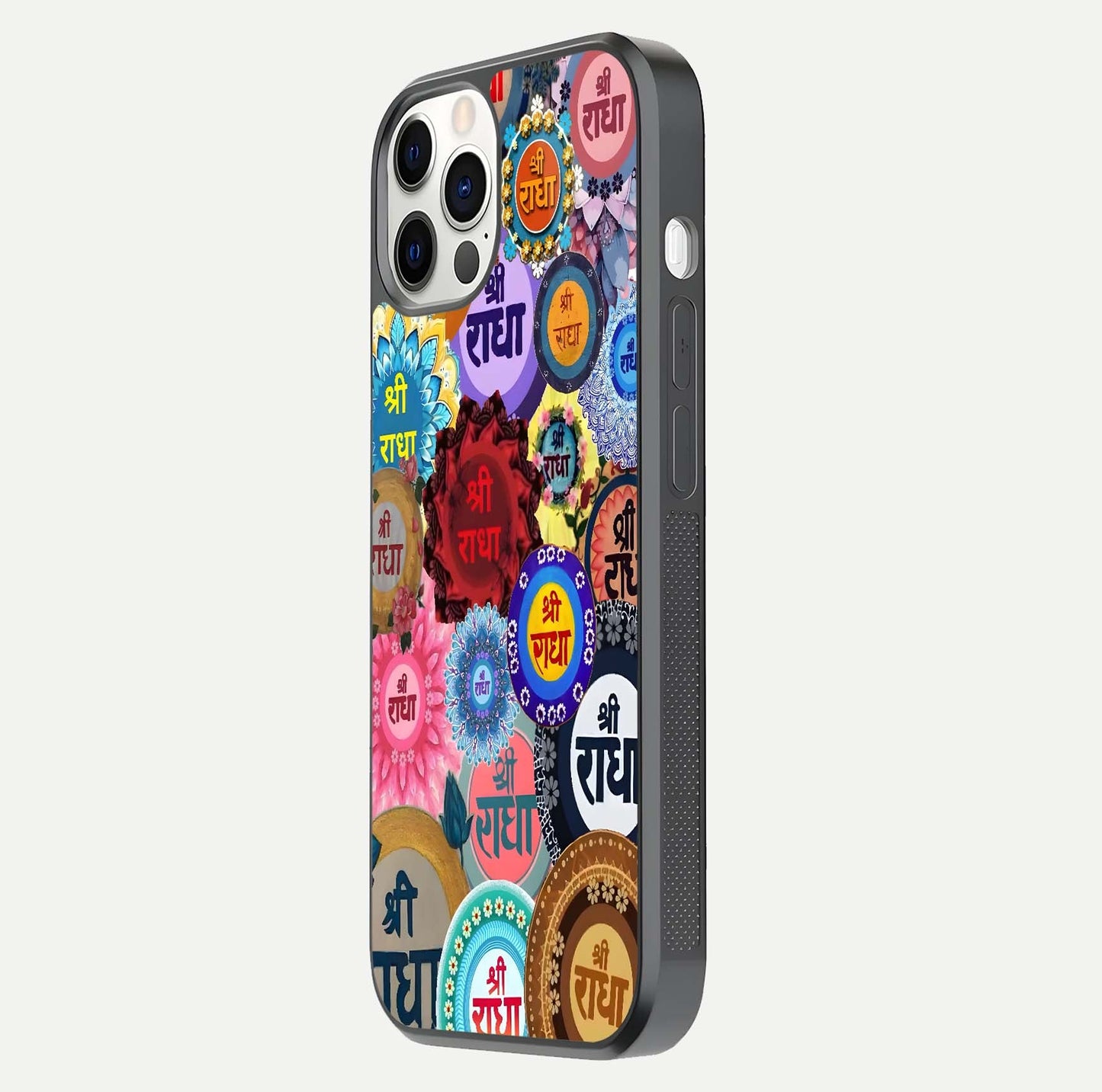 Radha Divine Bloom Glass Case for iPhone 12 Pro side-angle image showing shine, reflection, and floral motif