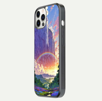 Rainbow Valley Dream Glass Case for iPhone 16 Pro side-angle image showing light reflection and scenic tones