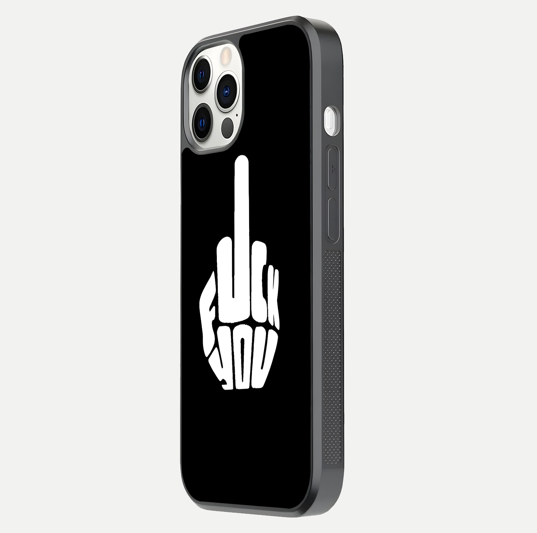 Rebel Mode On Glass Case for iPhone 12 Pro side-angle image showing reflection, edge detail, and text clarity