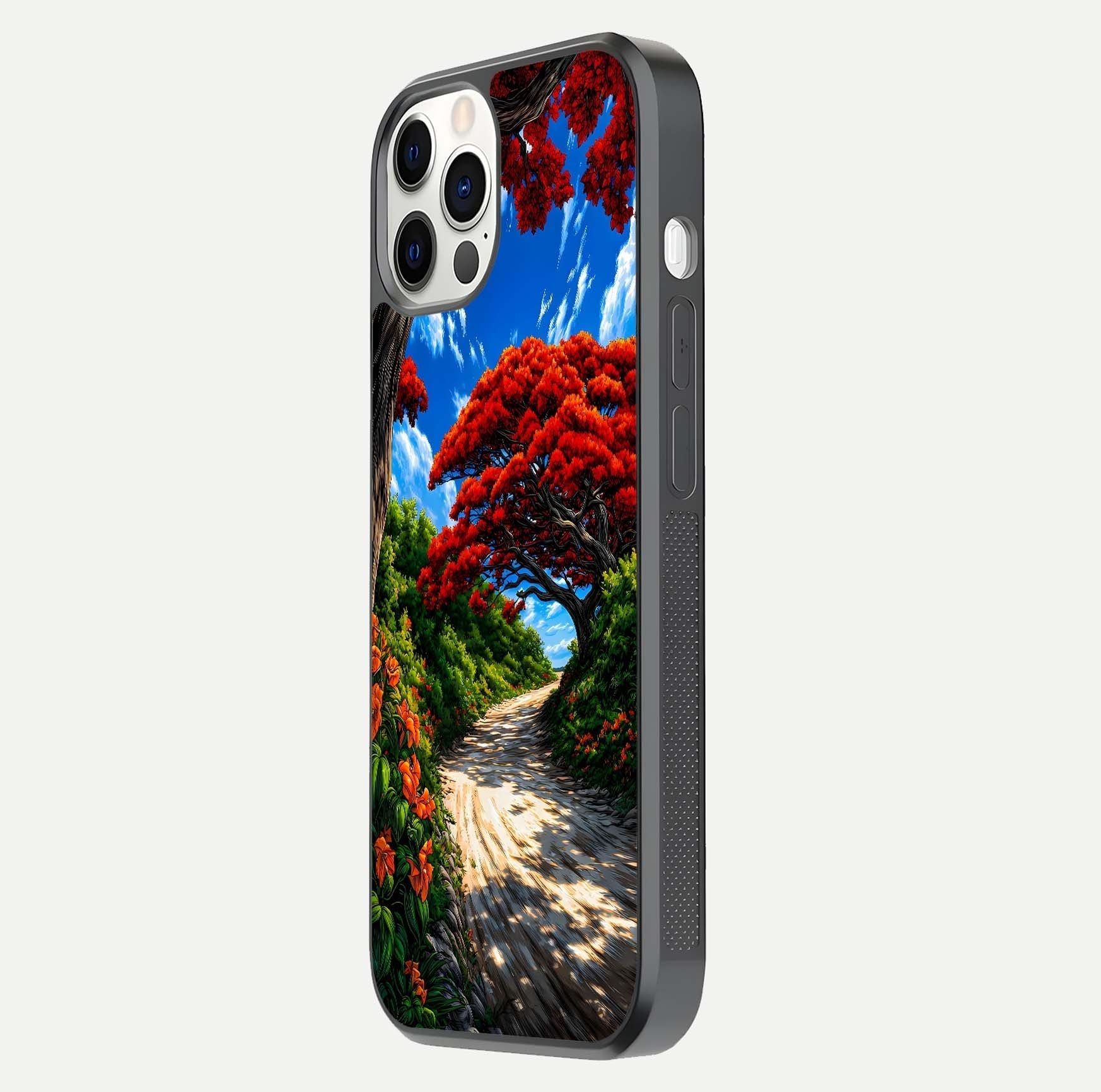 Red Trees Pathway Glass Case for iPhone 12 Pro side-angle image showing reflection and autumn vibe
