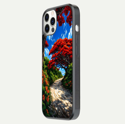 Red Trees Pathway Glass Case for iPhone 12 Pro side-angle image showing reflection and autumn vibe