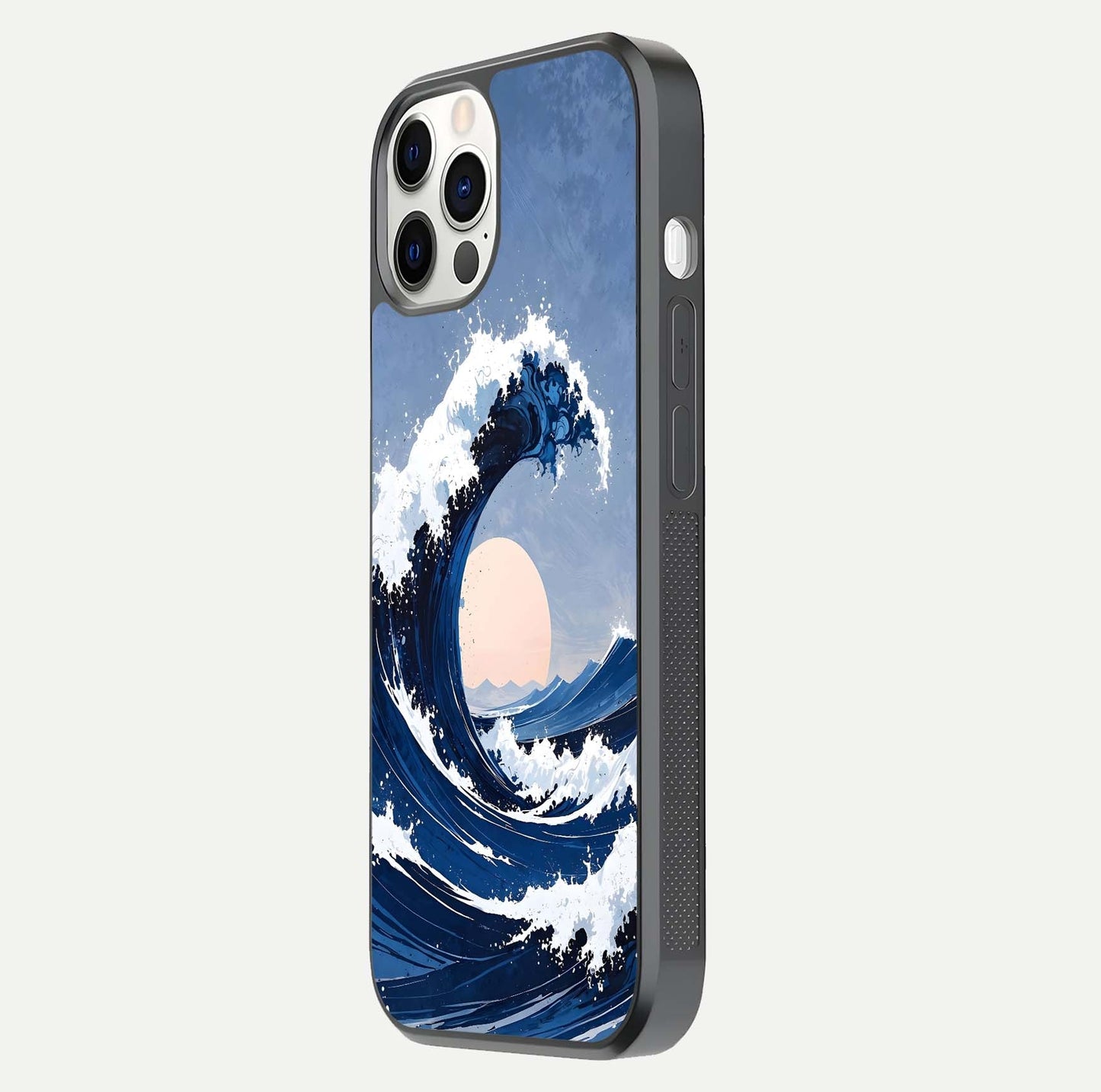 Rising Tide Power Glass Case for iPhone 12 Pro side-angle image showing shine and detailed ocean art