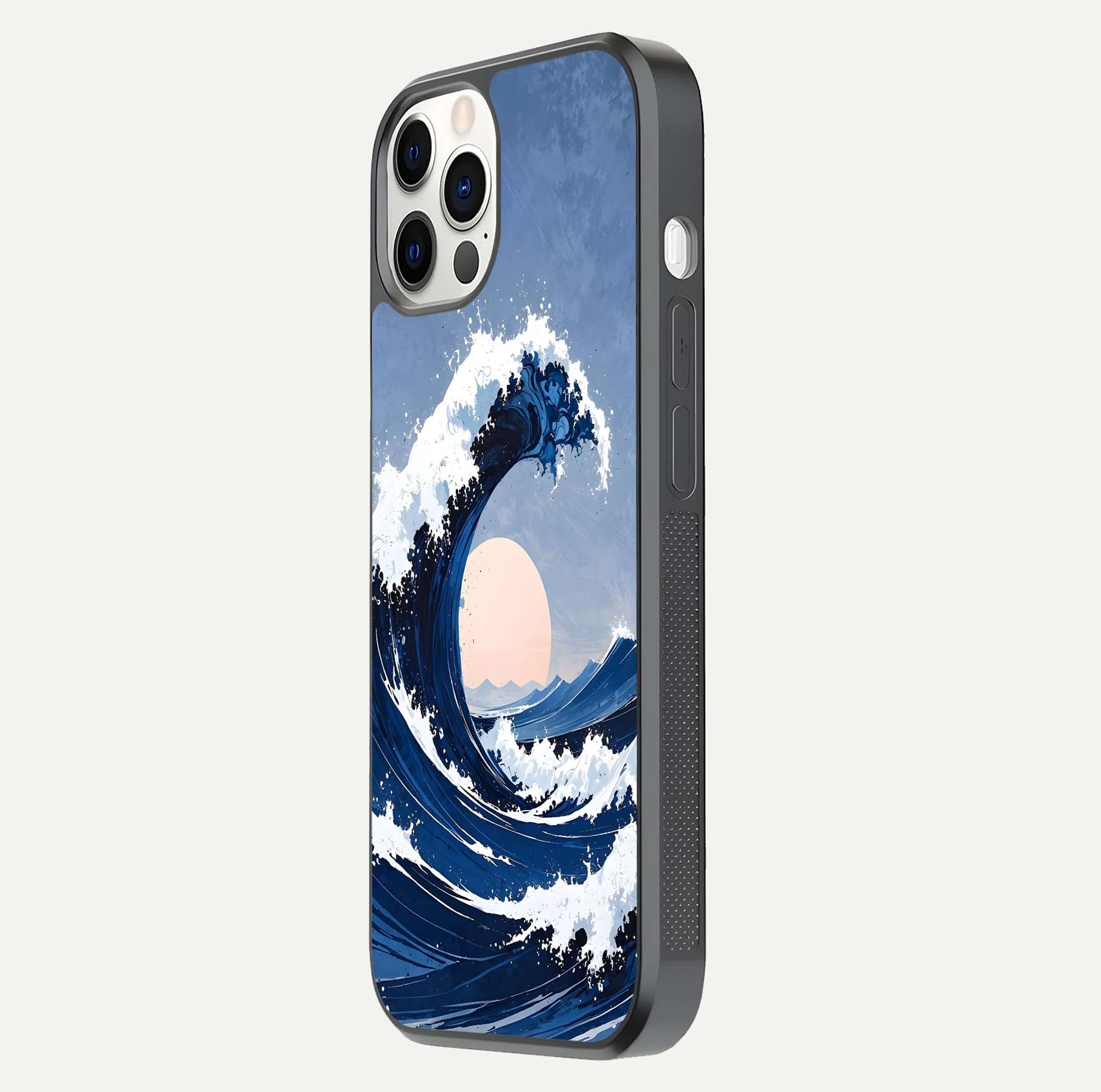 Rising Tide Power Glass Case for iPhone 12 Pro side-angle image showing shine and detailed ocean art