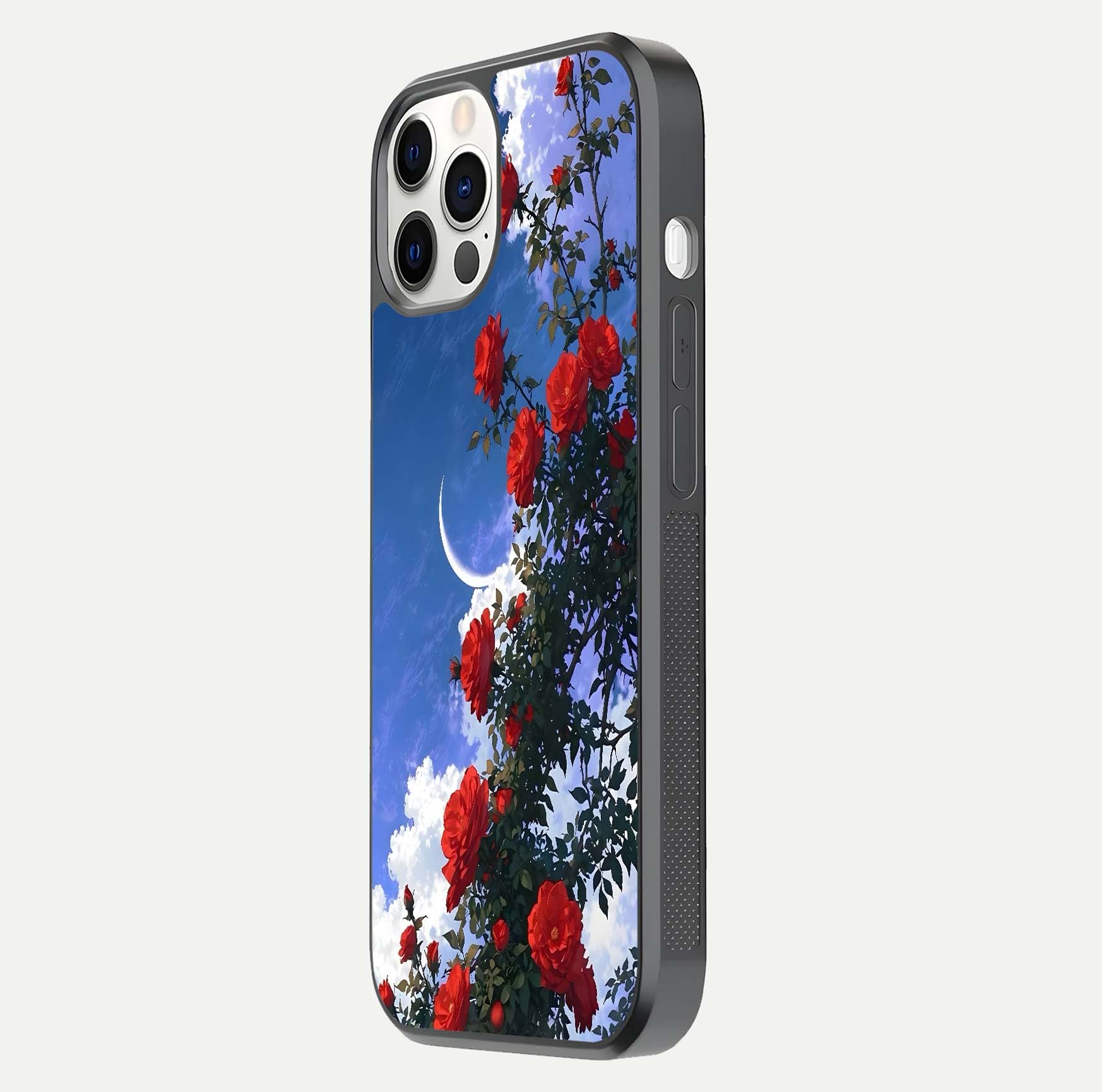 Rose Drift Flowers Glass Case for iPhone 12 Pro side-angle image showing reflection and petal detail