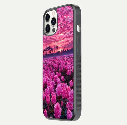 Rose Sunset Valley Glass Case for iPhone 12 Pro side-angle image showing smooth edges and floral glow