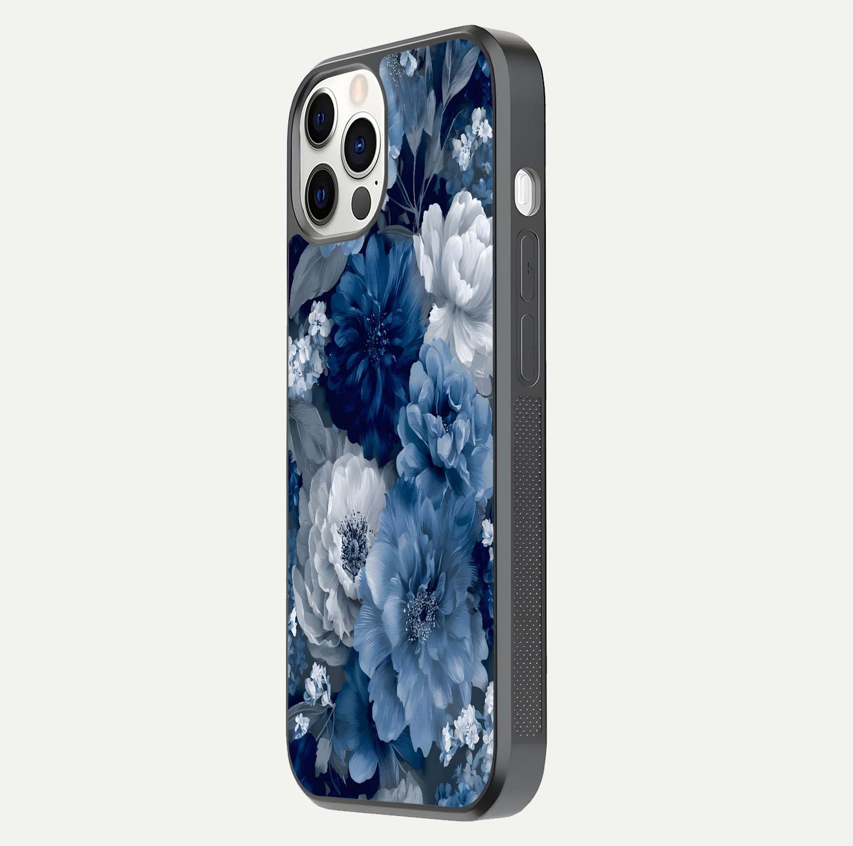 Royal Bloom Garden Glass Case for iPhone 12 Pro side-angle image showing floral pattern, edges, and reflection