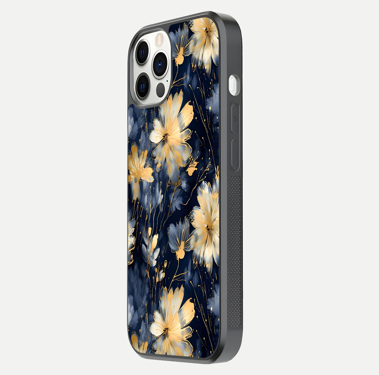 Royal Petal Dream Glass Case for iPhone 12 Pro side-angle image showing smooth edges and royal bloom details
