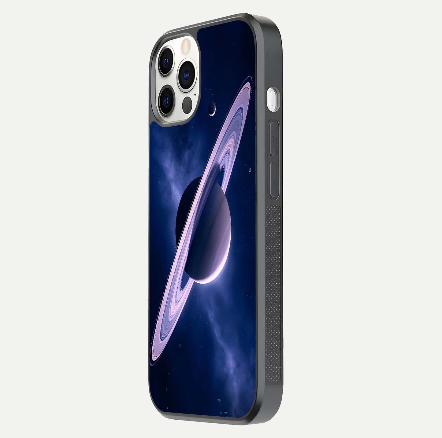 Saturn Ring Mystique Glass Case for iPhone 12 Pro side-angle image showing shine and galaxy ring focus