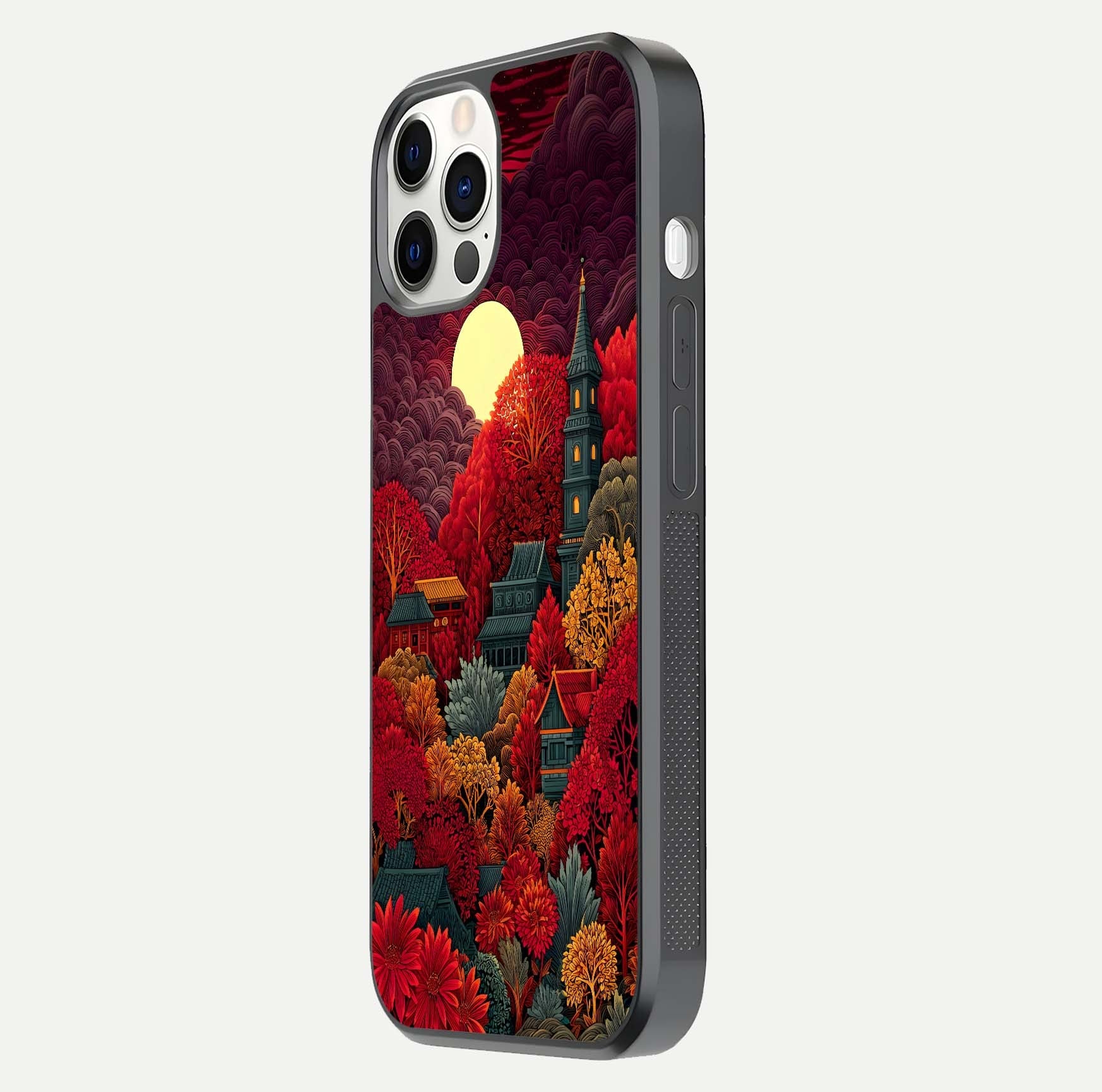 Scarlet Autumn Temple Glass Case for iPhone 12 Pro side-angle image showing color depth and reflection clarity
