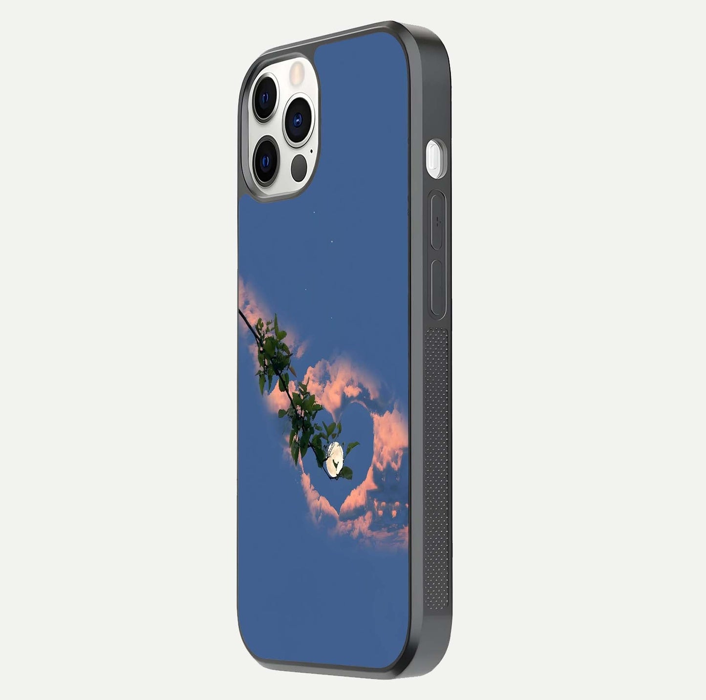 Sky Under Tree Glass Case for iPhone 12 Pro side-angle image showing shine, edge texture, and scenic detail