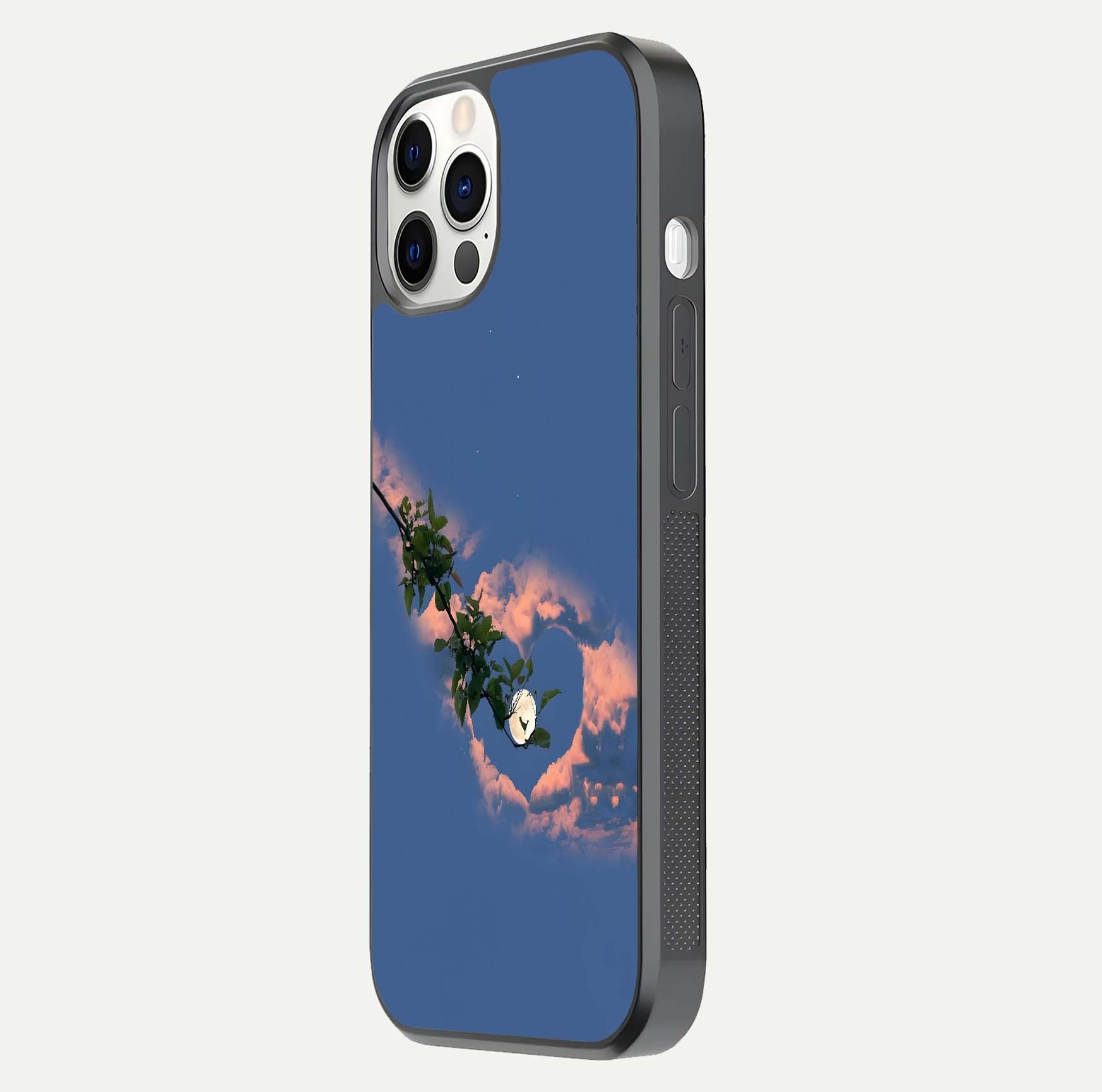 Sky Under Tree Glass Case for iPhone 12 Pro side-angle image showing shine, edge texture, and scenic detail