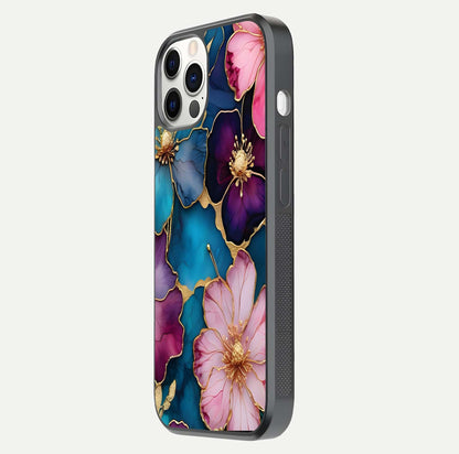 Sparkle Floral Glass Case for iPhone 12 Pro side-angle image showing reflection, gloss, and floral texture