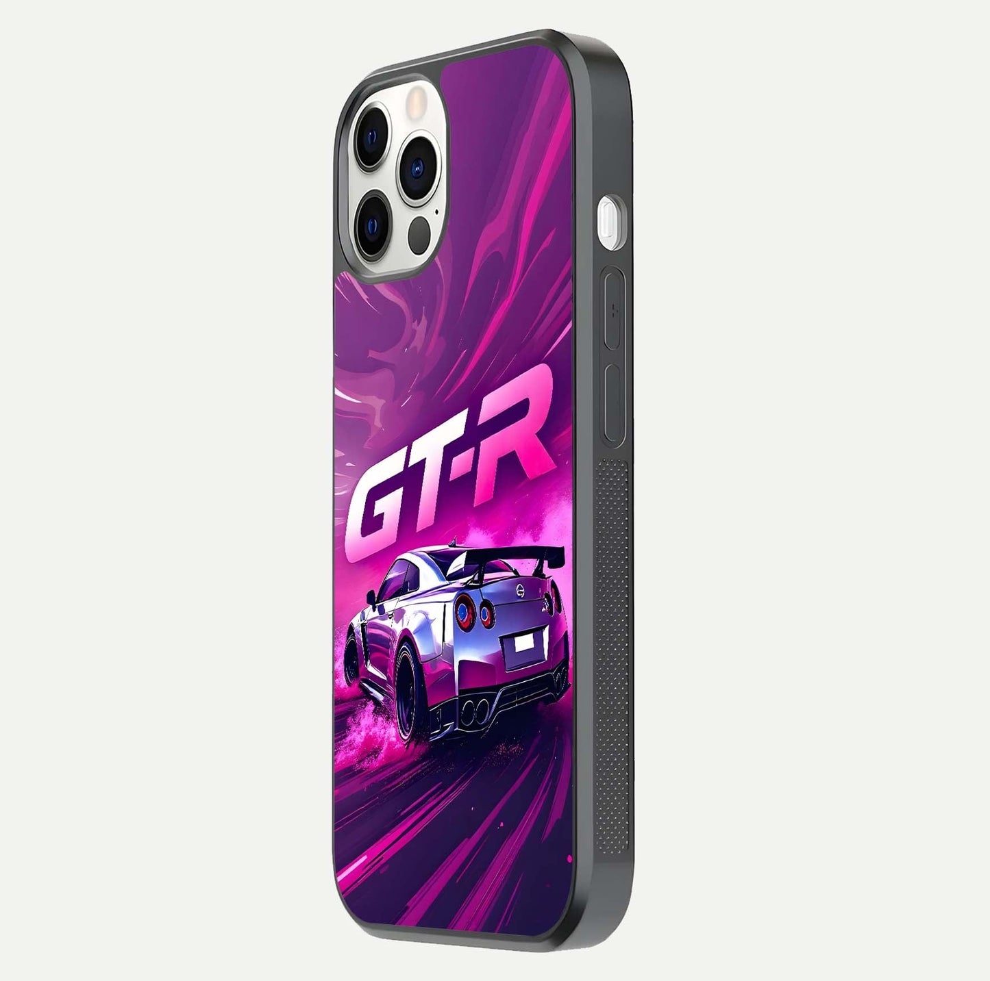 Speed Drift Legend Glass Case for iPhone 12 Pro side-angle image showing car print reflection and surface gloss