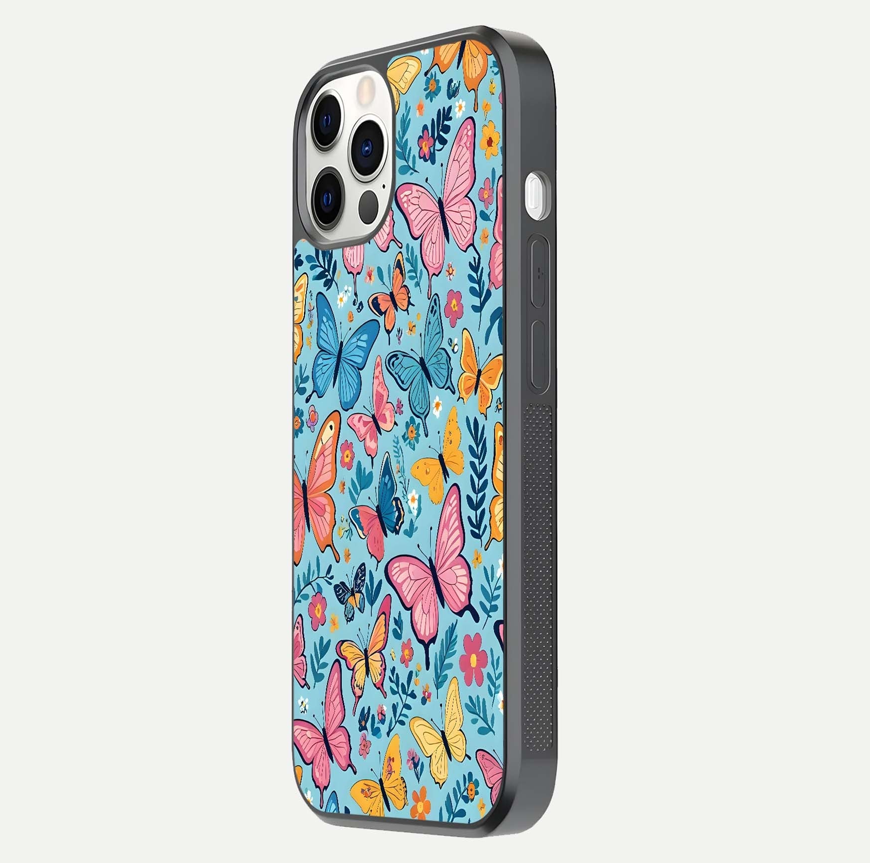 Spring Wing Garden Glass Case for iPhone 12 Pro side-angle image showing shine, color, and pattern depth
