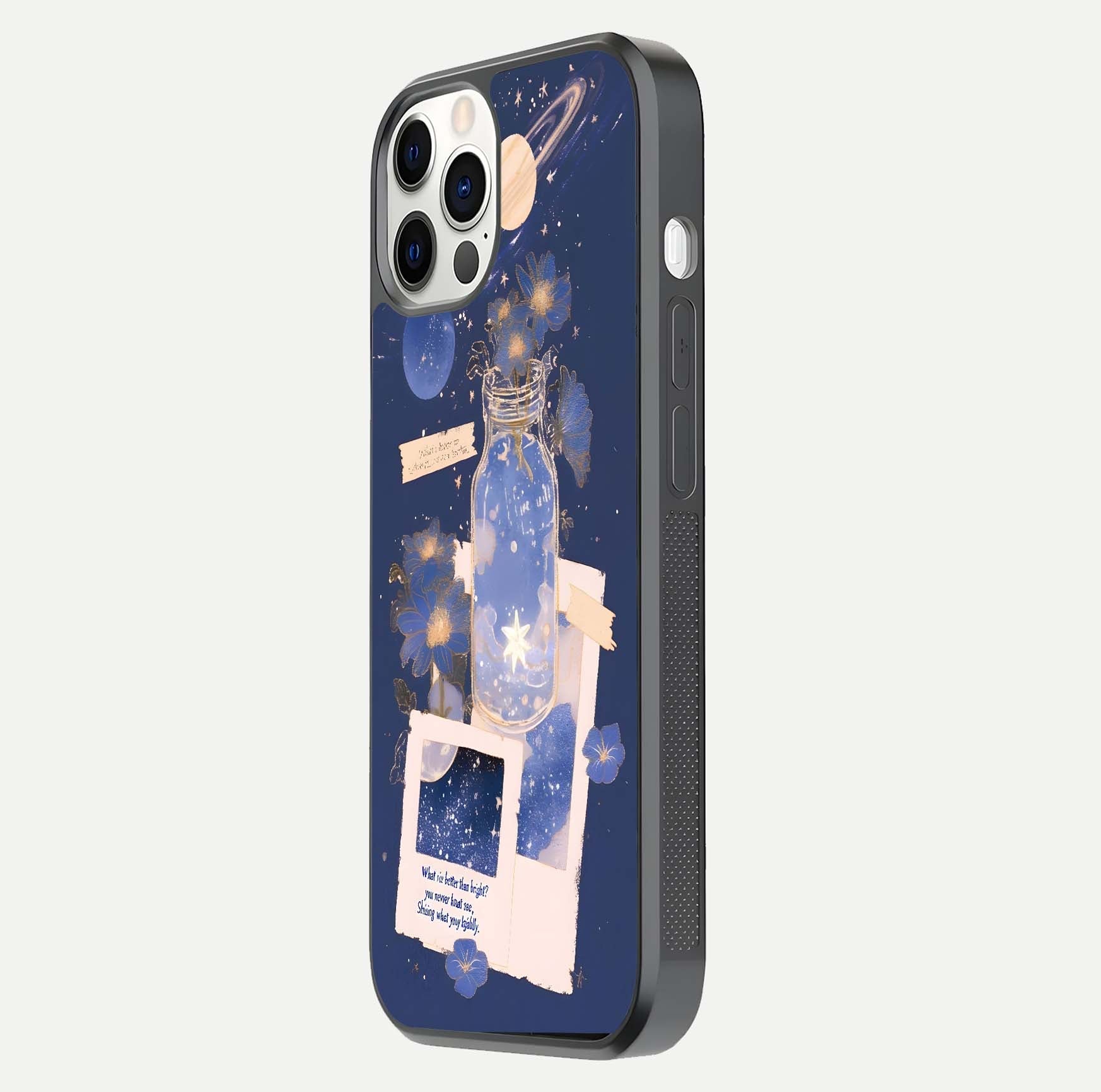 Starlit Cosmic Jar Glass Case for iPhone 12 Pro side-angle image showing glow, texture, and light reflection