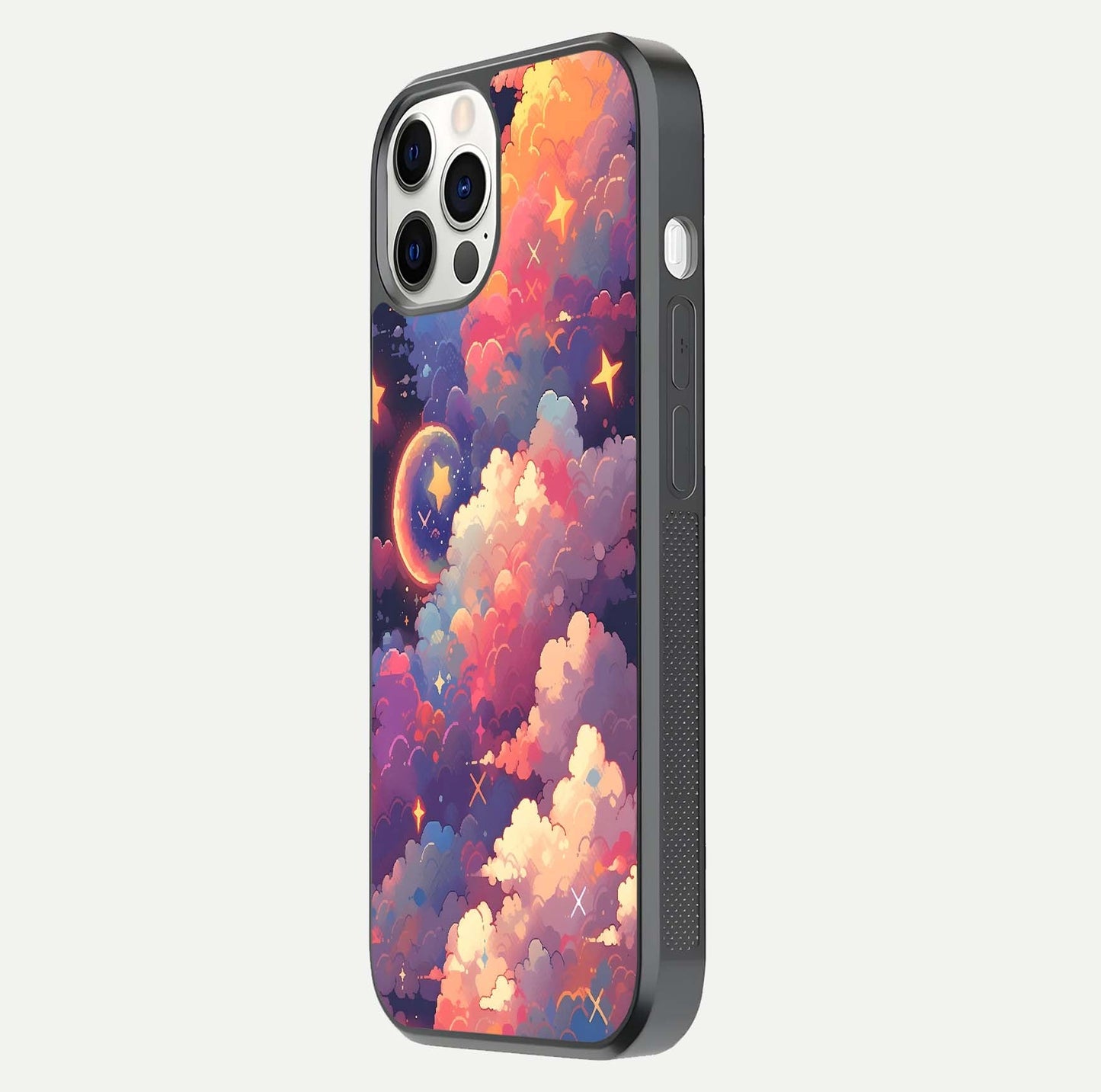 Starlit Dream Clouds Glass Case for iPhone 12 Pro side-angle image showing shine, reflection, and dreamy tones