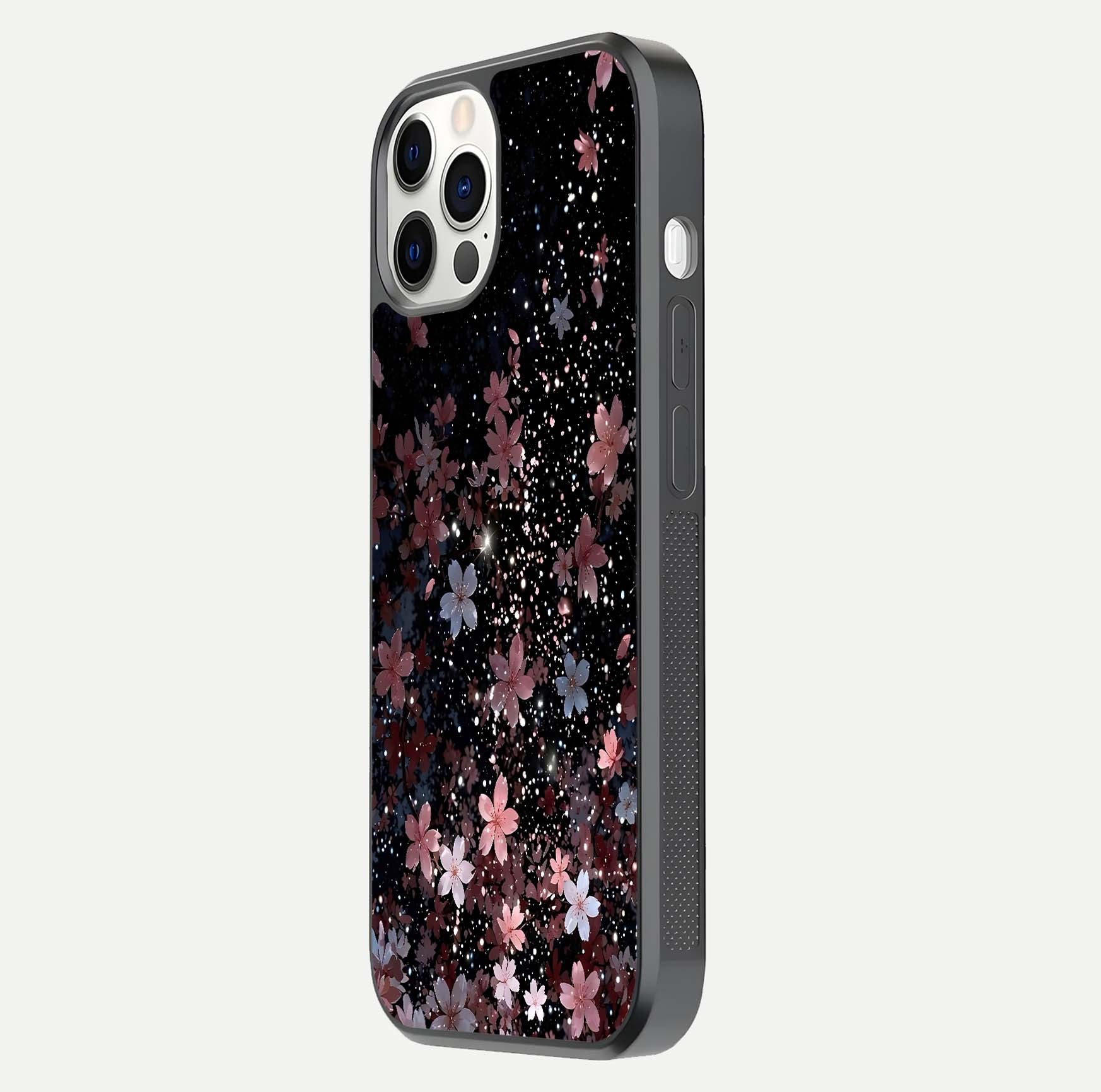 Starlit Flower Dreams Glass Case for iPhone 12 Pro side-angle image showing shine, edge detail, and floral contrast