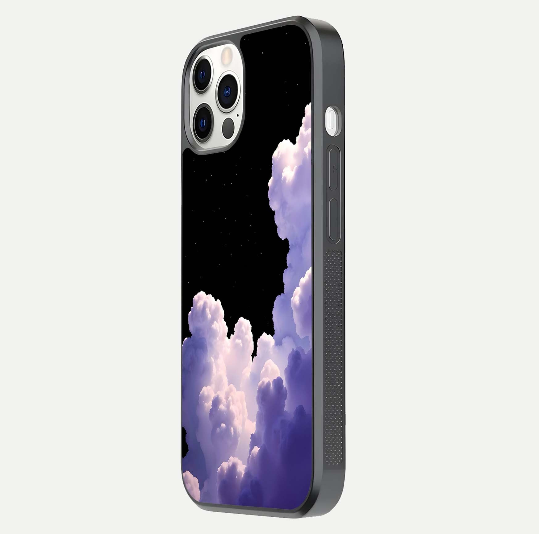 Starlit Night Whispers Glass Case for iPhone 12 Pro side-angle image showing reflection and night pattern shine