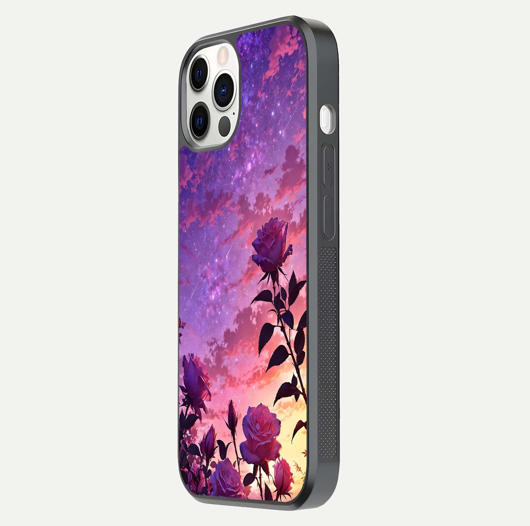 Starlit Rose Twilight Glass Case for iPhone 12 Pro side-angle image showing reflection and petal contrast