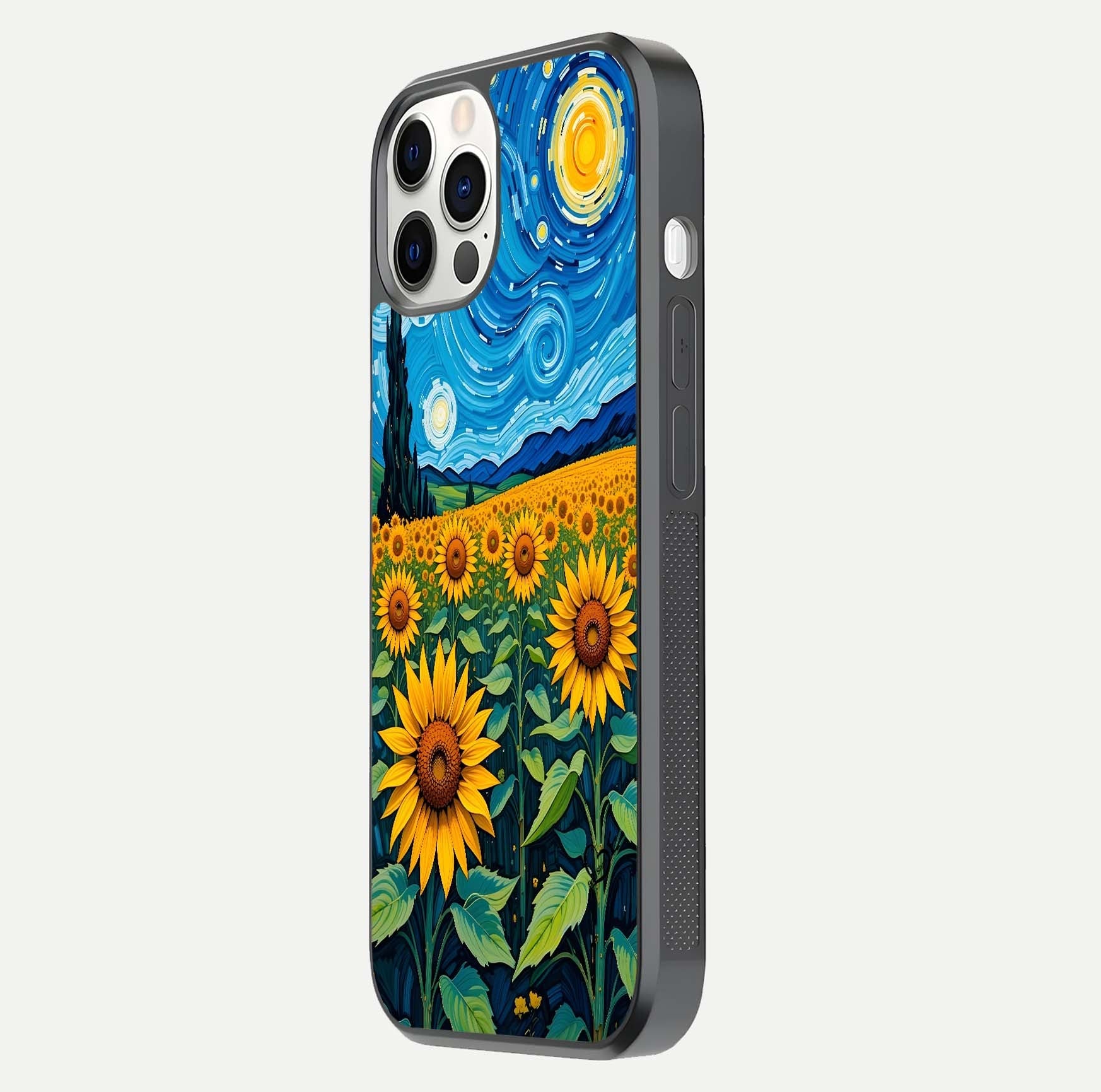 Starry Sunflower Dreams Glass Case for iPhone 12 Pro side-angle image showing reflection, stars, and yellow tone