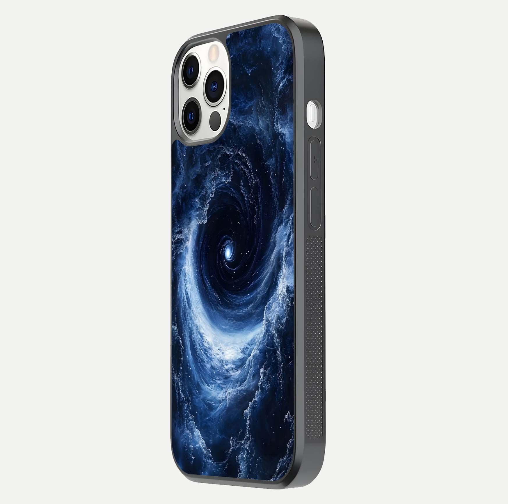 Stunning Galaxy Glass Case for iPhone 12 Pro side-angle image showing glossy reflection and space detailing