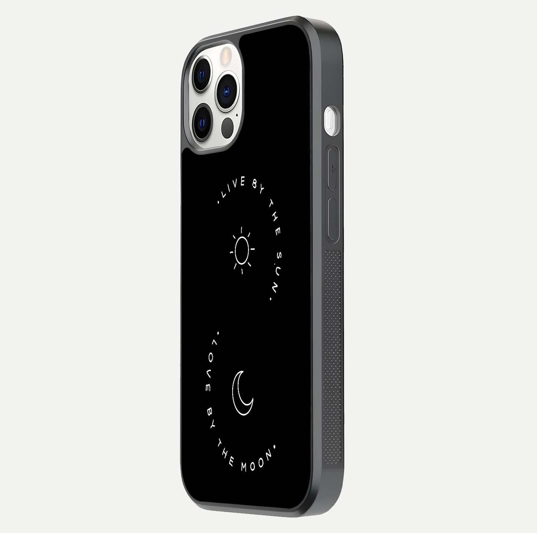 Sun Moon Balance Glass Case for iPhone 12 Pro side-angle image showing reflection and celestial detailing