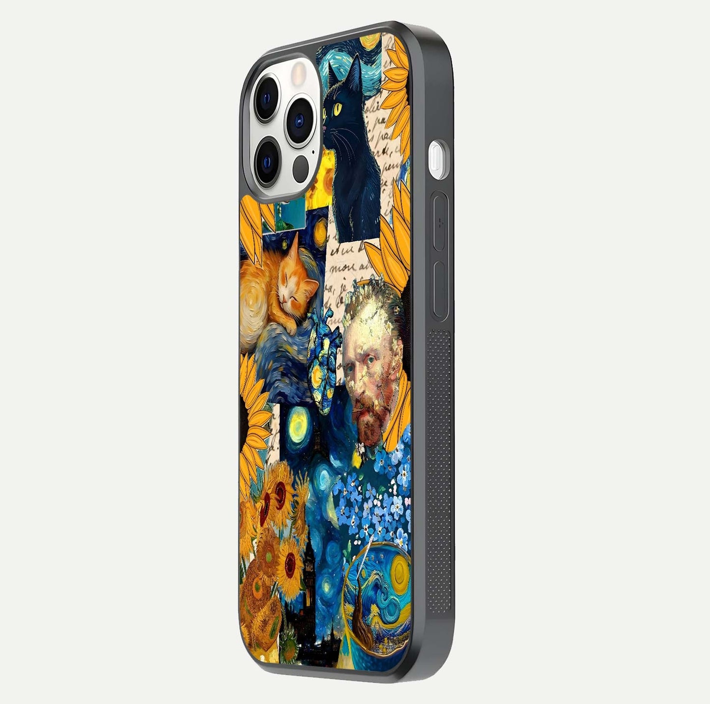 Sunflower Cat Art Glass Case for iPhone 12 Pro side-angle image showing shine, edges, and sunflower texture